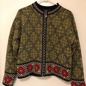 Icelandic Design Wool Ski Zip Up Green Fair Isle Sweater Jacket Medium